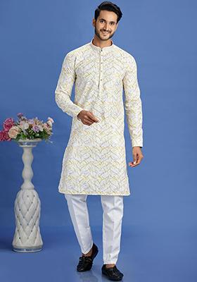 Yellow Printed Cotton Kurta Set For Men