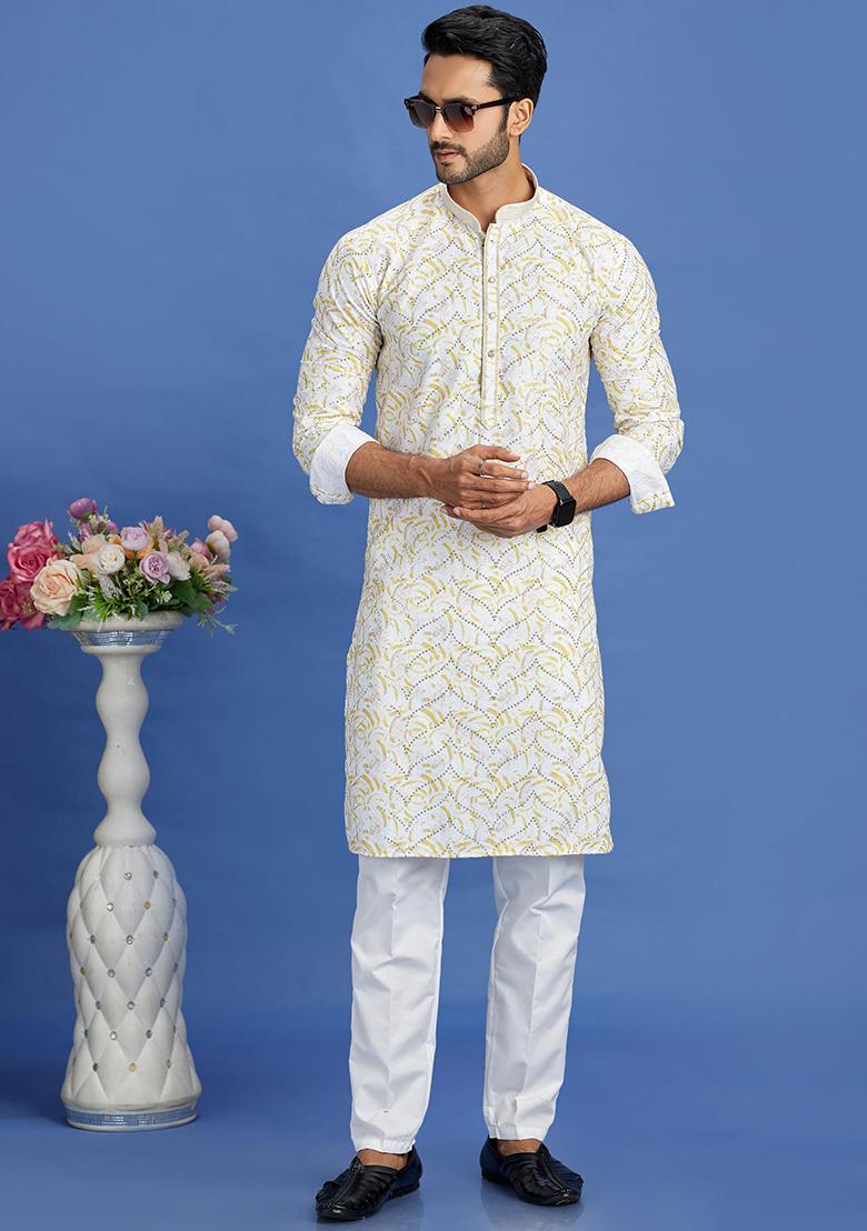 Yellow Printed Cotton Kurta Set For Men