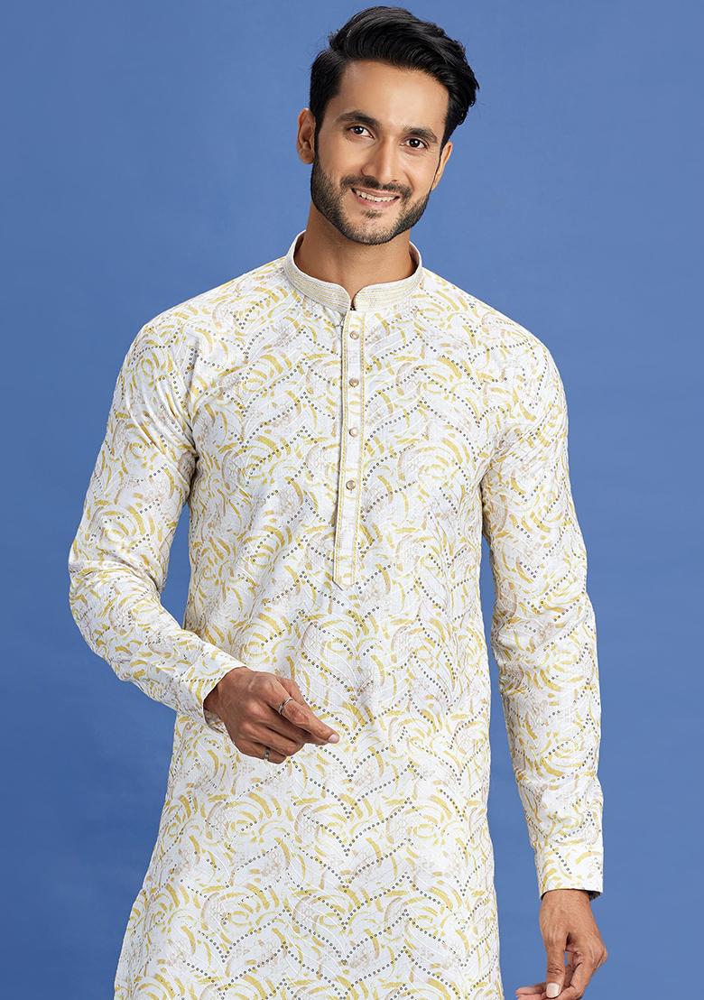 Yellow Printed Cotton Kurta Set For Men