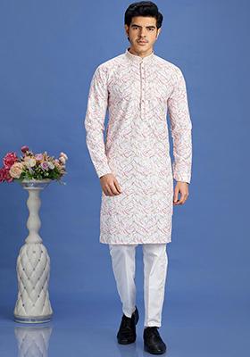 Pink Printed Cotton Kurta Set For Men