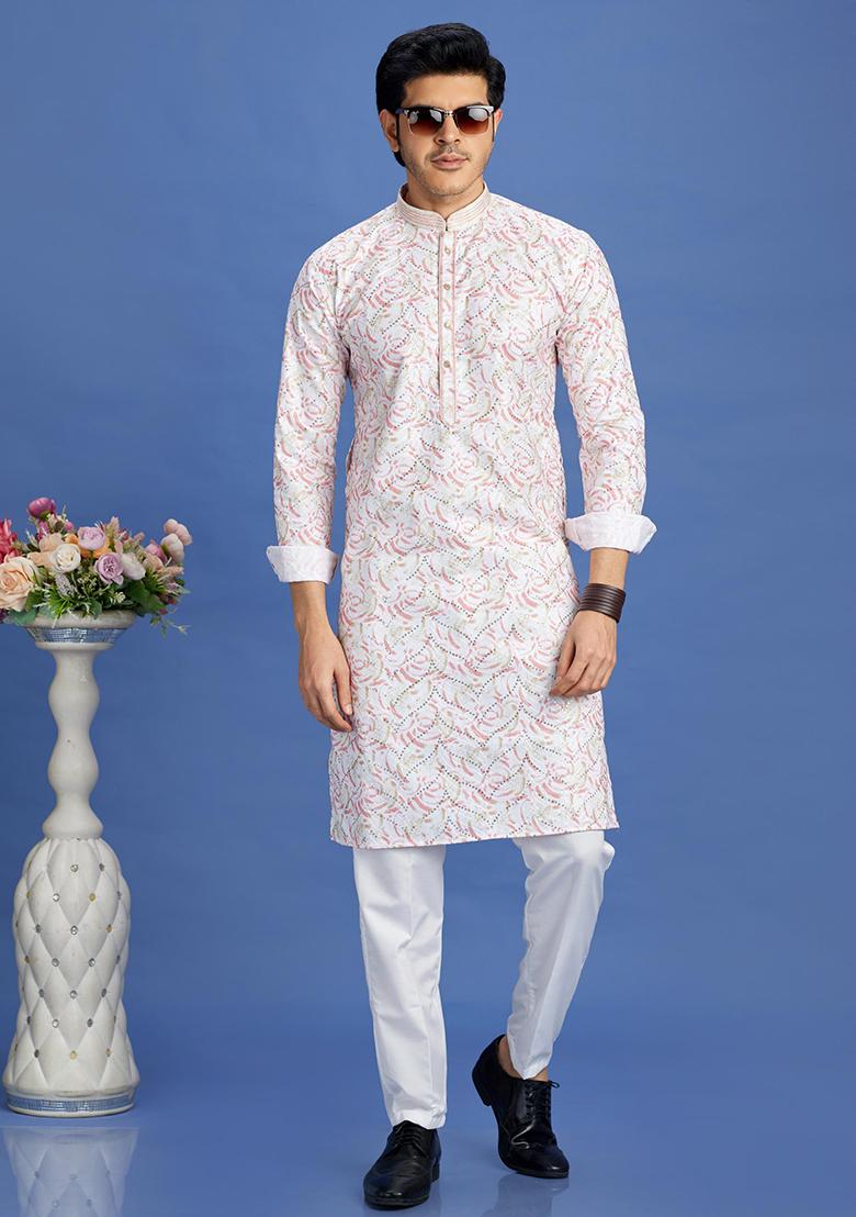 Pink Printed Cotton Kurta Set For Men