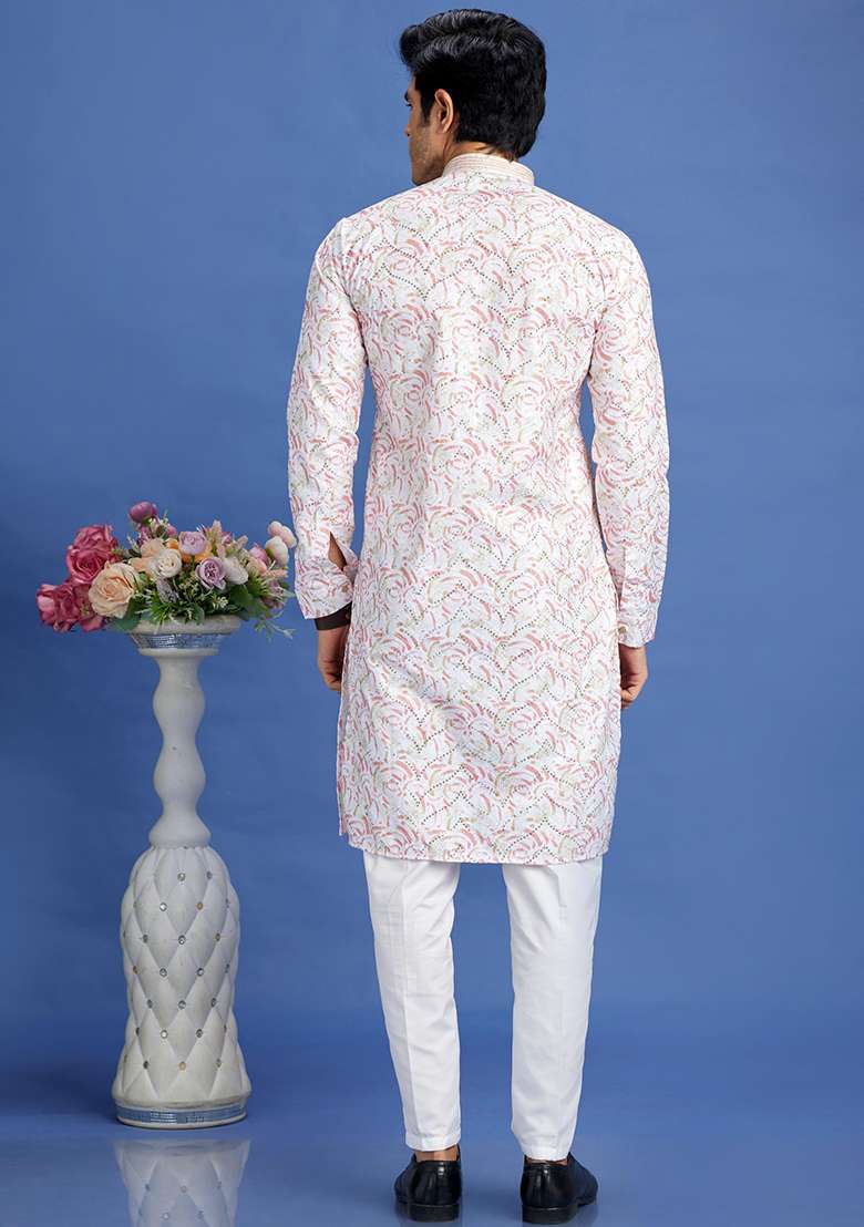 Pink Printed Cotton Kurta Set For Men - Indya