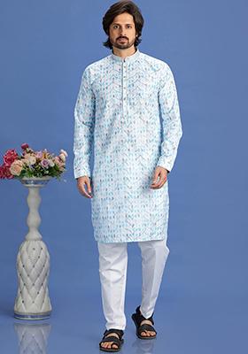 Blue Printed Cotton Kurta Set For Men