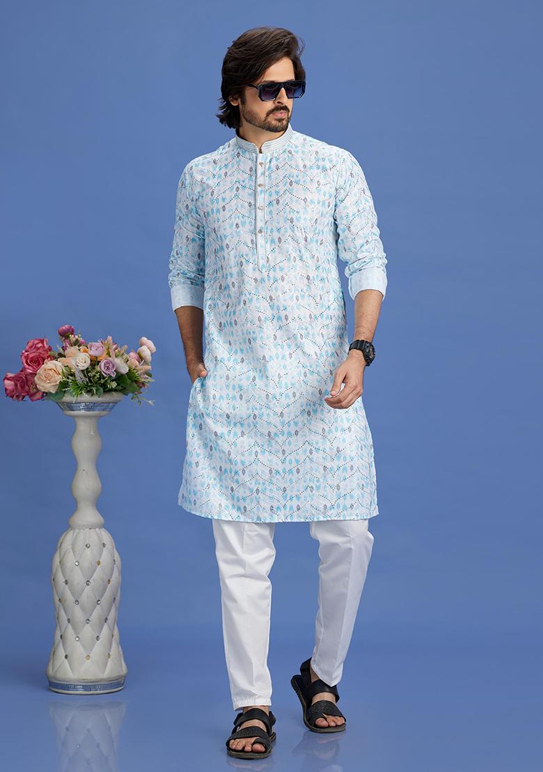 Blue Printed Cotton Kurta Set For Men