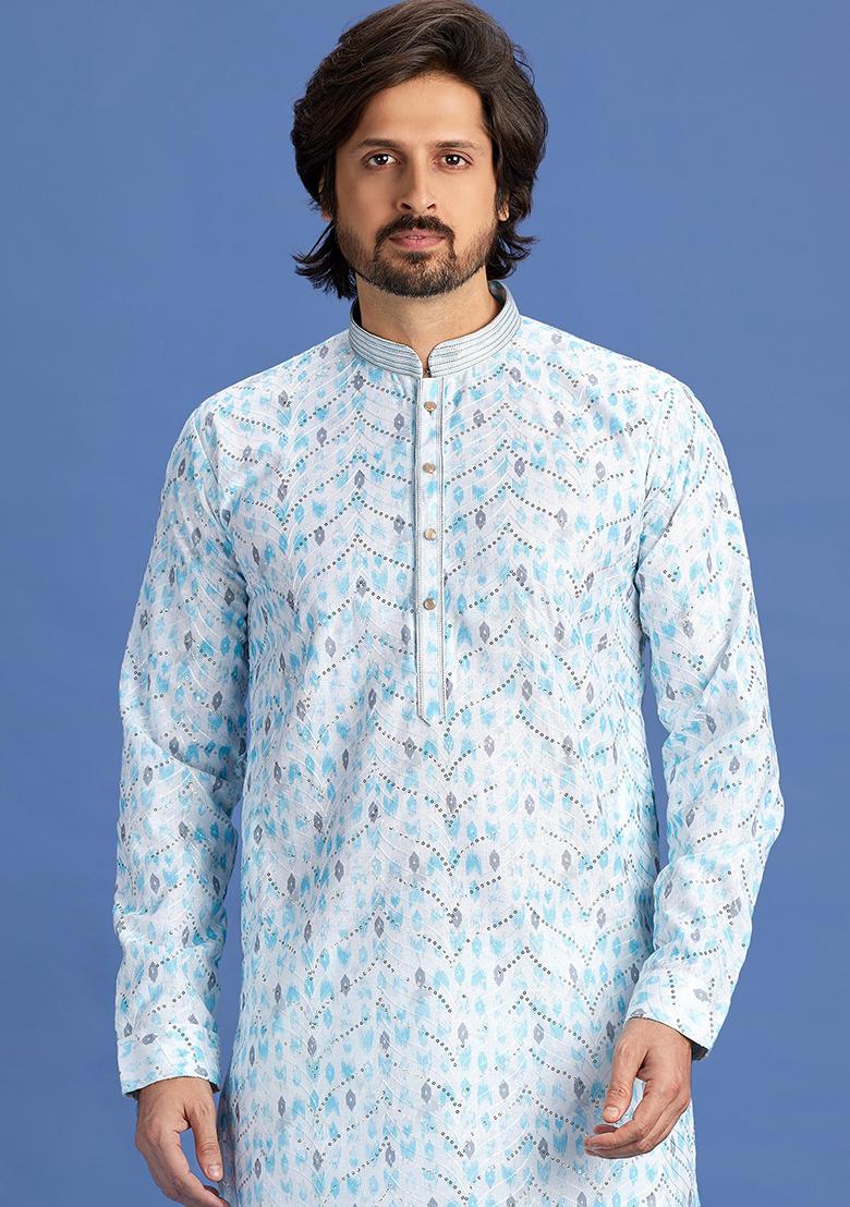 Blue Printed Cotton Kurta Set For Men