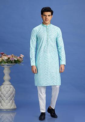 Light Teal Green Printed Cotton Kurta Set For Men