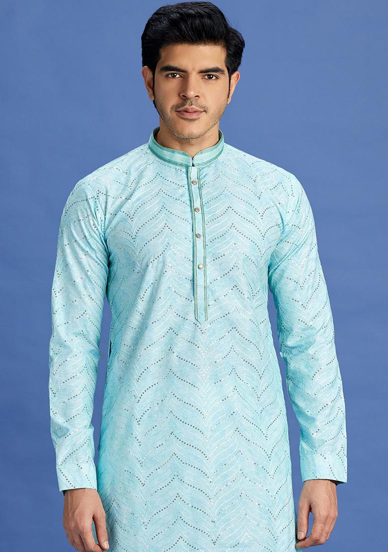 Light Teal Green Printed Cotton Kurta Set For Men