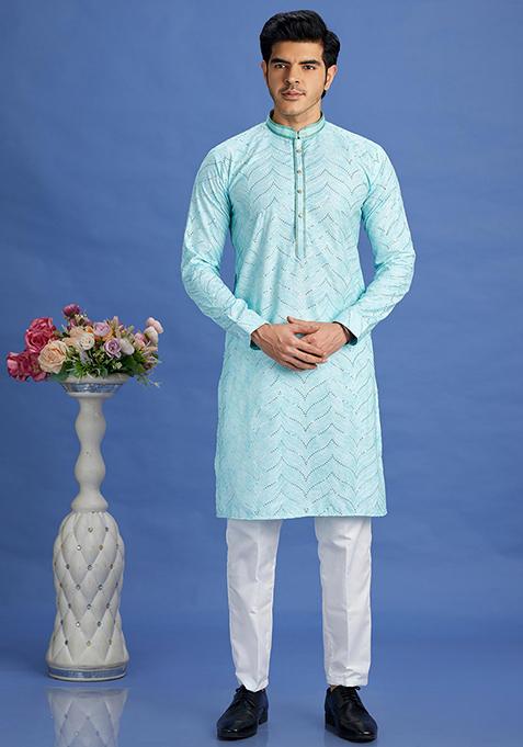 Light Teal Green Printed Cotton Kurta Set For Men