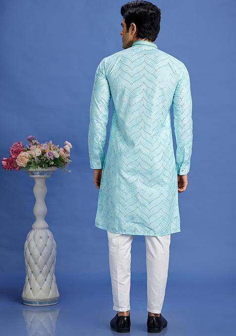 Light Teal Green Printed Cotton Kurta Set For Men