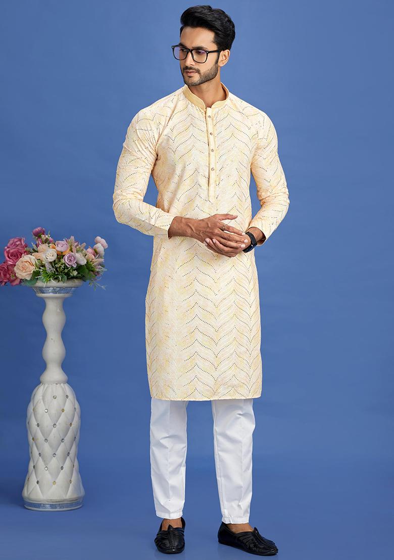 Yellow Printed Cotton Kurta Set For Men