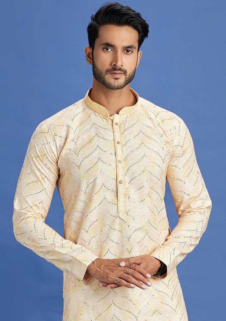 Yellow Printed Cotton Kurta Set For Men