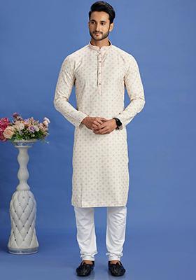 Beige And Yellow Printed Cotton Kurta Set For Men