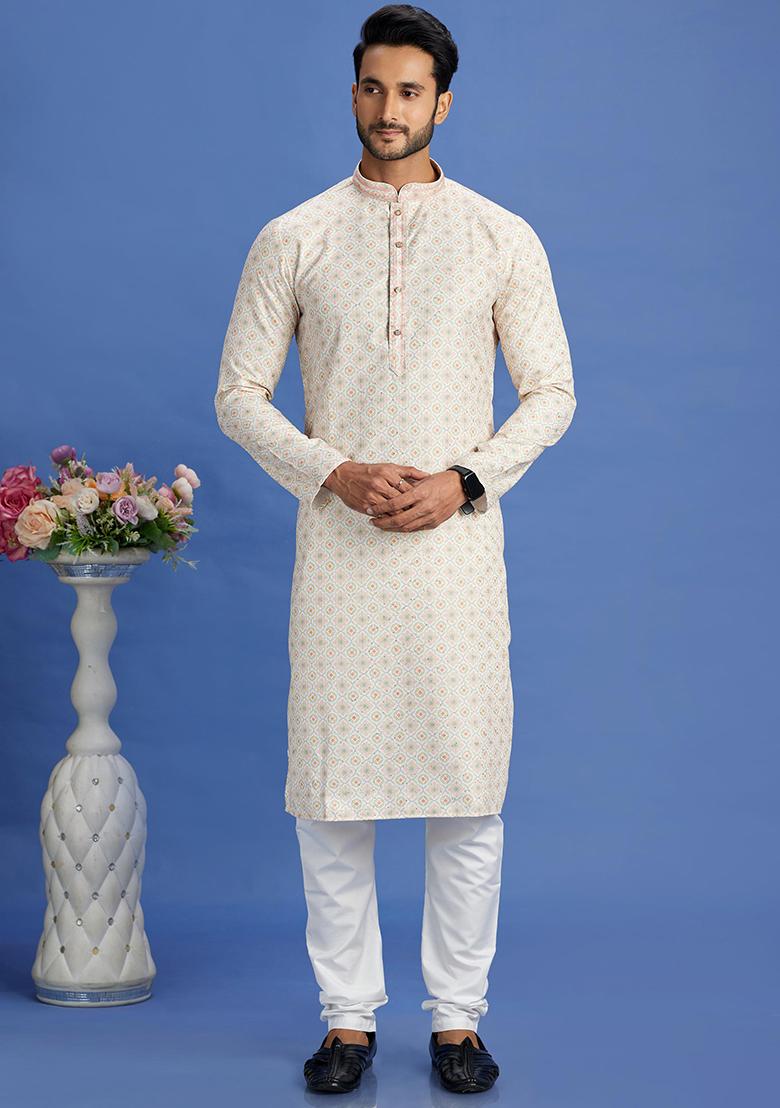 Beige And Yellow Printed Cotton Kurta Set For Men