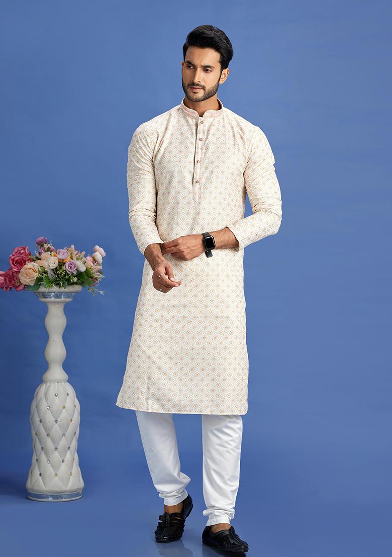 Beige And Yellow Printed Cotton Kurta Set For Men