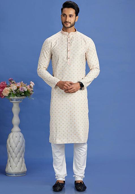 Beige And Yellow Printed Cotton Kurta Set For Men