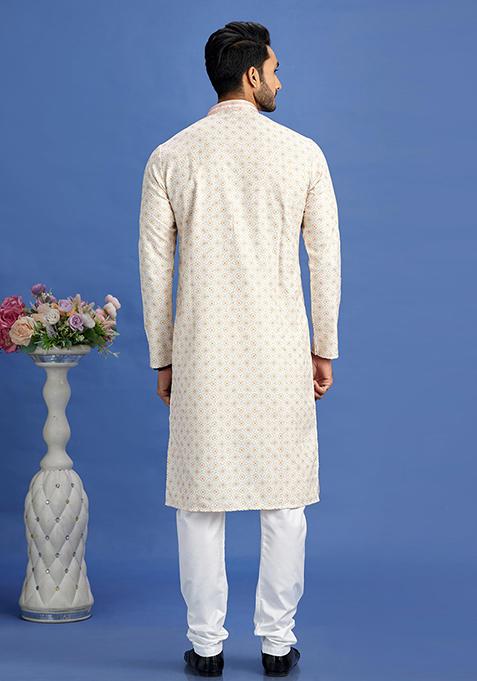 Beige And Yellow Printed Cotton Kurta Set For Men