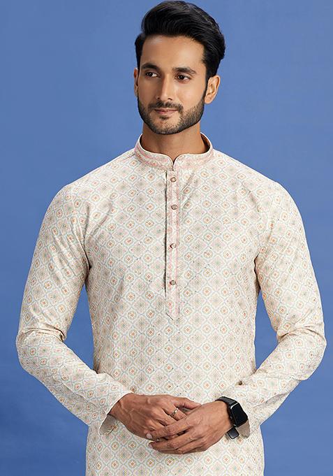 Beige And Yellow Printed Cotton Kurta Set For Men