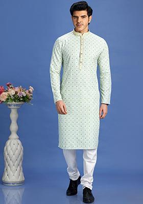 Green Printed Cotton Kurta Set For Men