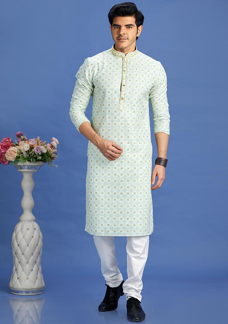 Green Printed Cotton Kurta Set For Men