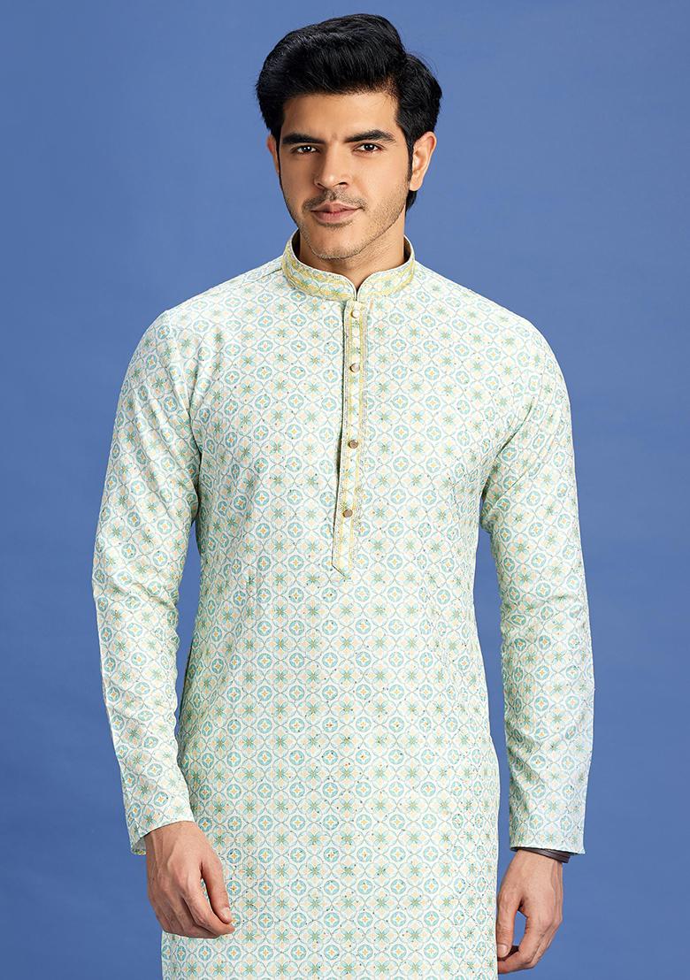 Green Printed Cotton Kurta Set For Men