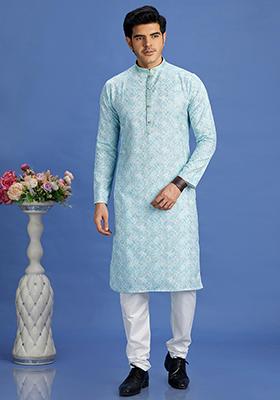Blue Printed Cotton Kurta Set For Men
