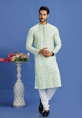 Pista Green Printed Cotton Kurta Set For Men