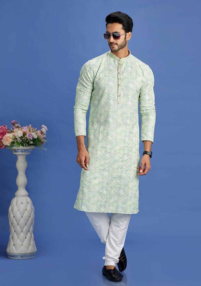Pista Green Printed Cotton Kurta Set For Men