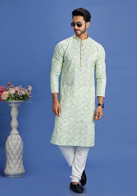 Men Pista Green Floral Printed Kurta With Churidar
