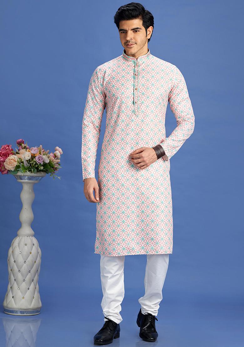Peach Printed Cotton Kurta Set For Men