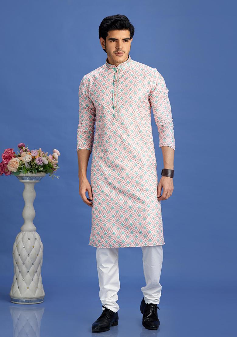 Peach Printed Cotton Kurta Set For Men