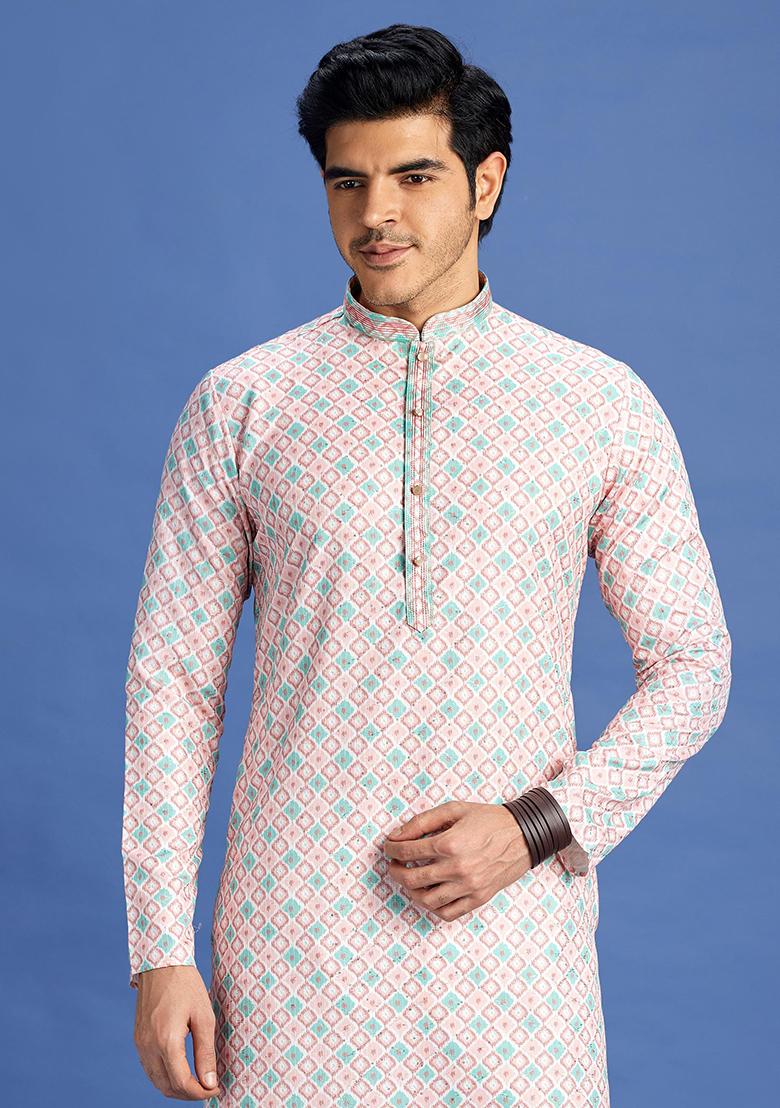 Peach Printed Cotton Kurta Set For Men