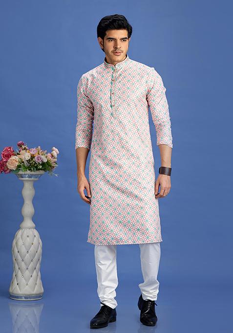 Peach Printed Cotton Kurta Set For Men