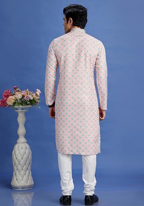 Peach Printed Cotton Kurta Set For Men
