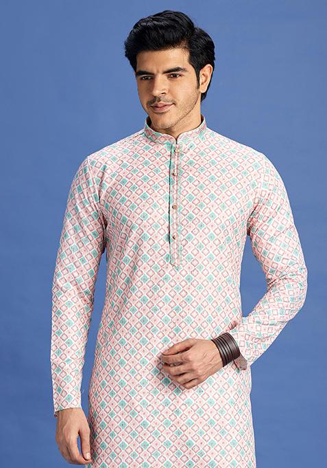 Peach Printed Cotton Kurta Set For Men