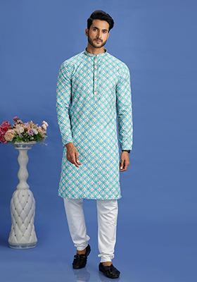 Teal Green Printed Cotton Kurta Set For Men