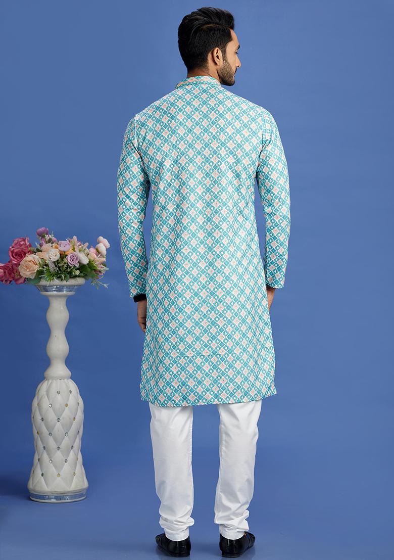 Teal Green Printed Cotton Kurta Set For Men