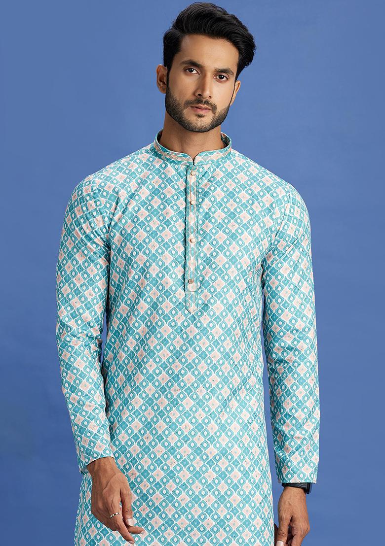 Teal Green Printed Cotton Kurta Set For Men