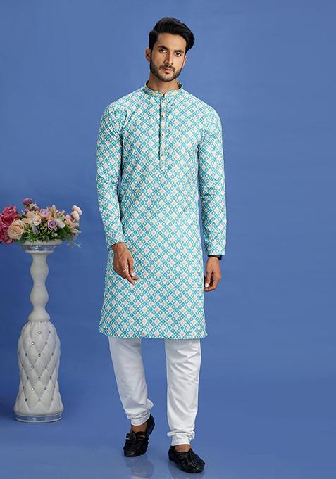 Teal Green Printed Cotton Kurta Set For Men