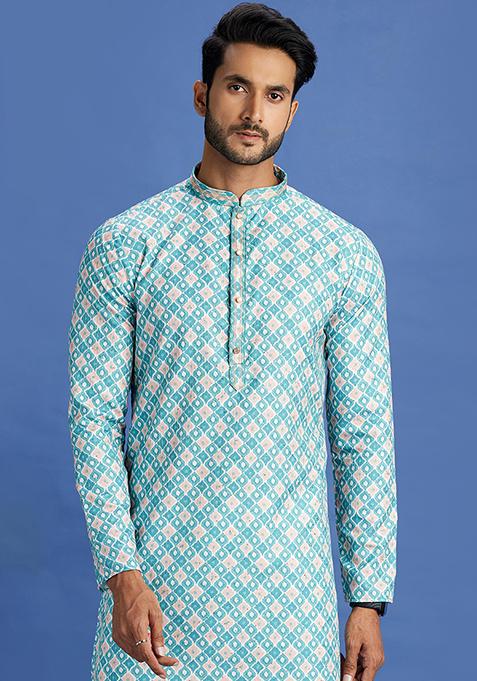 Teal Green Printed Cotton Kurta Set For Men