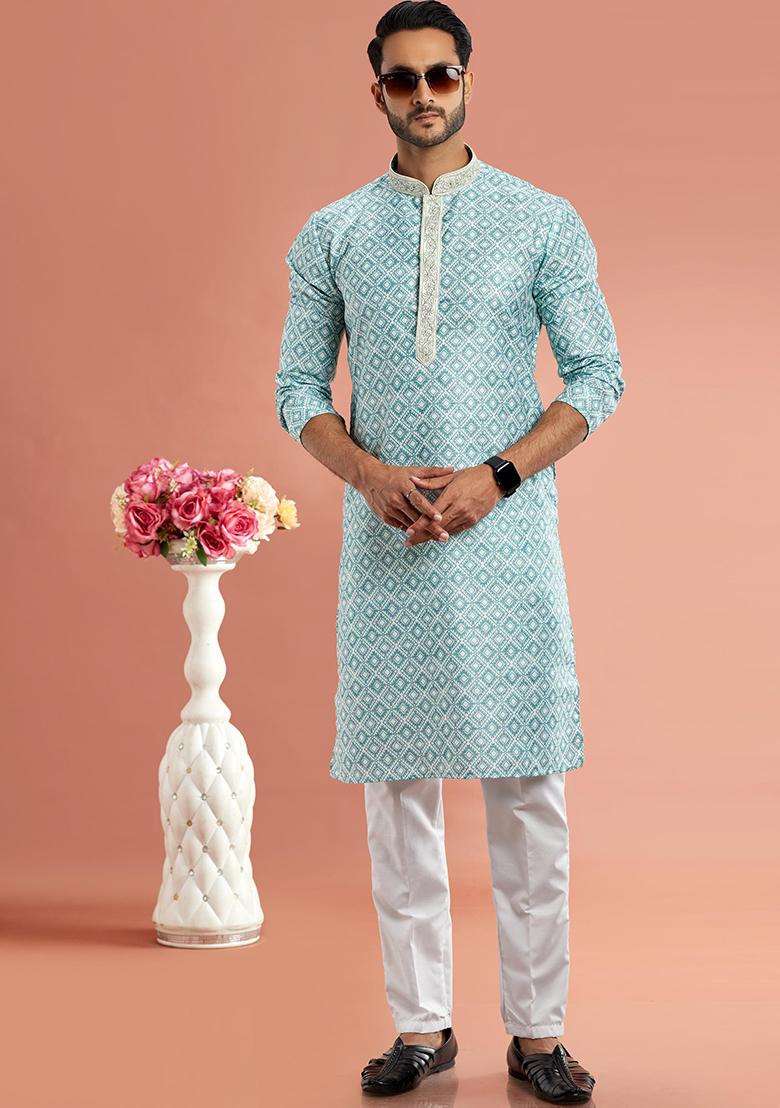 Pista Green Printed Cotton Kurta Set For Men