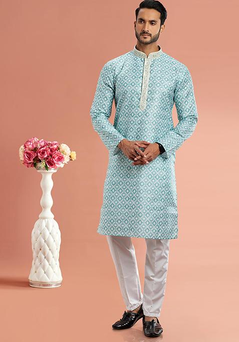 Pista Green Printed Cotton Kurta Set For Men — view on Indya