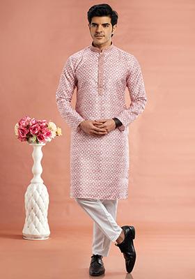 Red Printed Cotton Kurta Set For Men