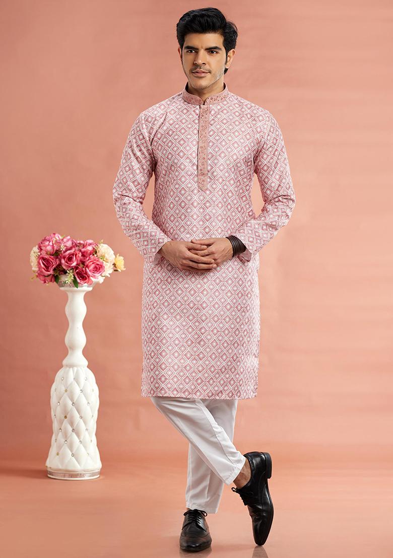 Red Printed Cotton Kurta Set For Men