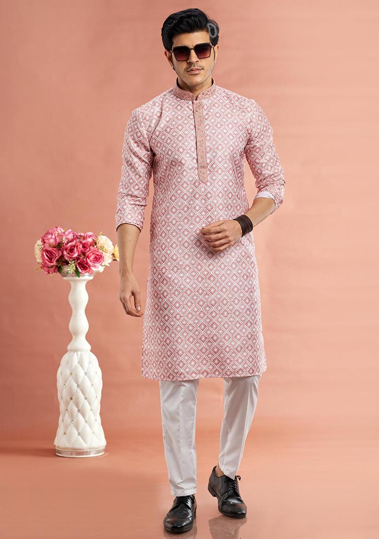 Red Printed Cotton Kurta Set For Men