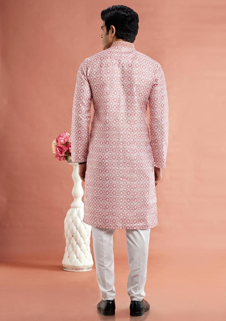 Red Printed Cotton Kurta Set For Men