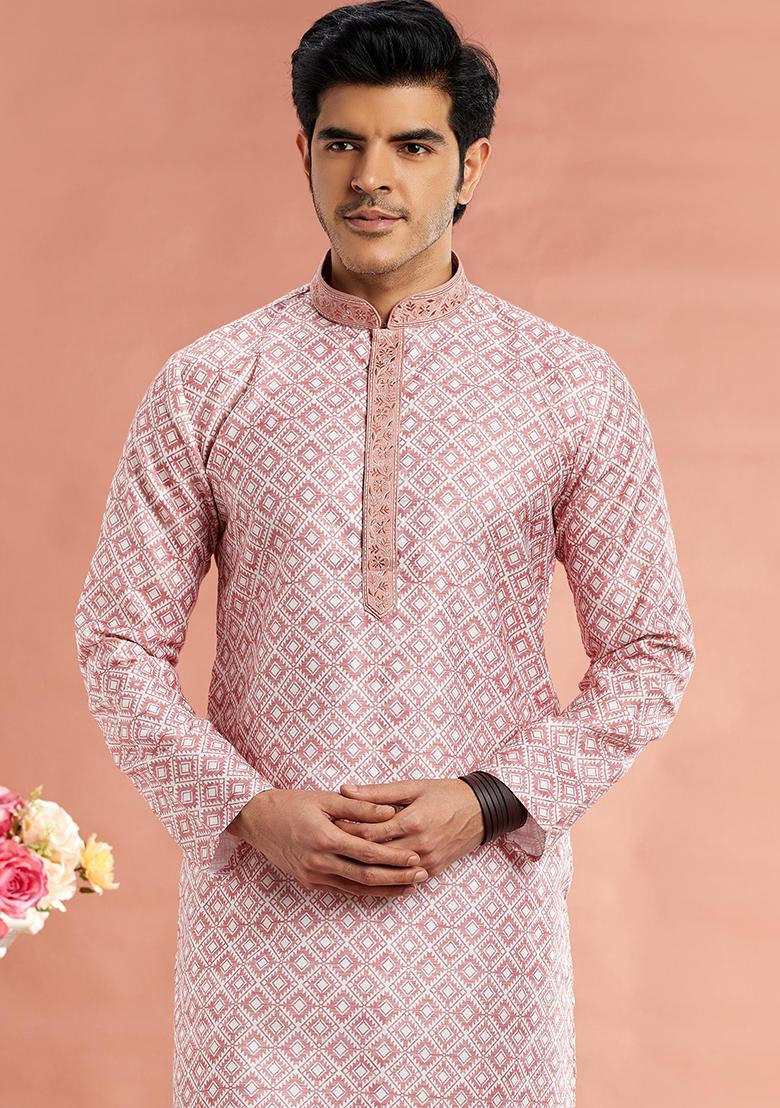 Red Printed Cotton Kurta Set For Men