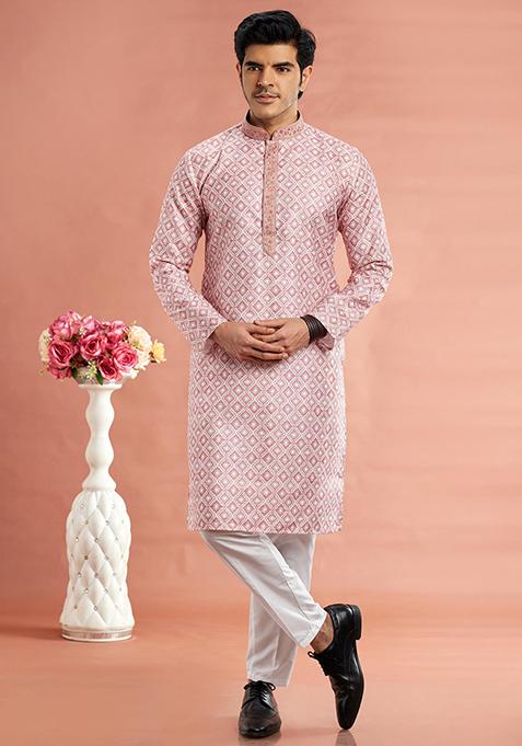 Red Printed Cotton Kurta Set For Men