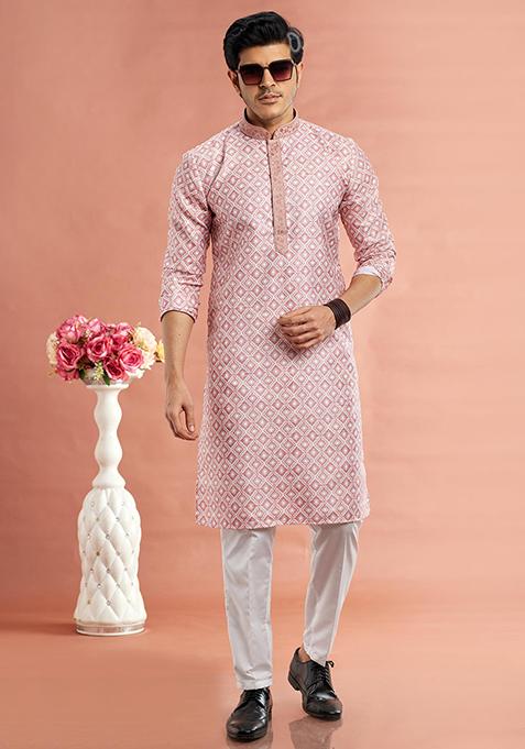 Red Printed Cotton Kurta Set For Men
