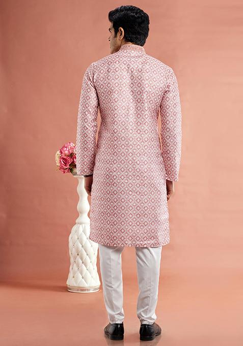 Red Printed Cotton Kurta Set For Men