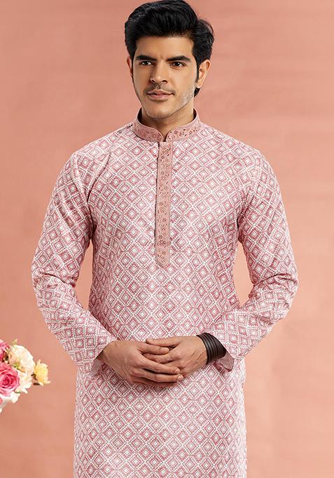 Red Printed Cotton Kurta Set For Men